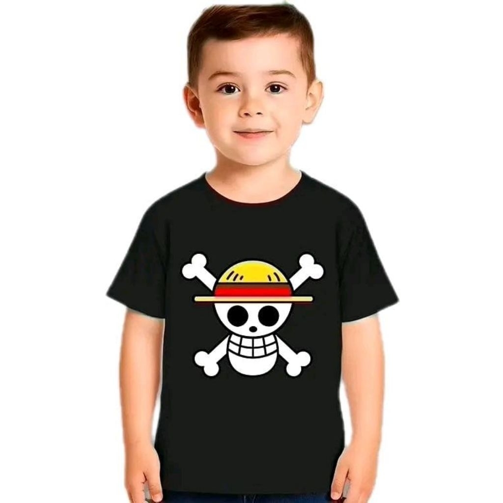 Kaos Anak Anima One Piece Luffy Bajak Laut Topi Jerami Atasan Baju Oblong Lengan Pendek