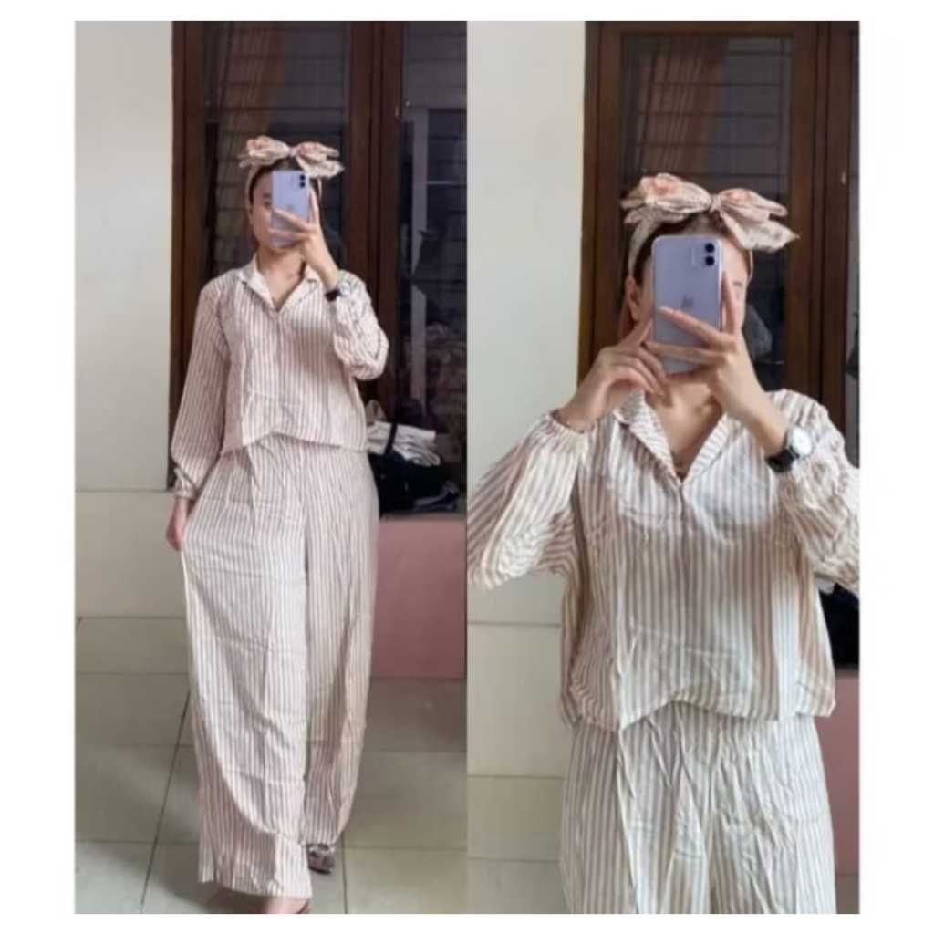 baju setelan wanita kekinian set crop and top model garis-garis setelan wanita dewasa terbaru