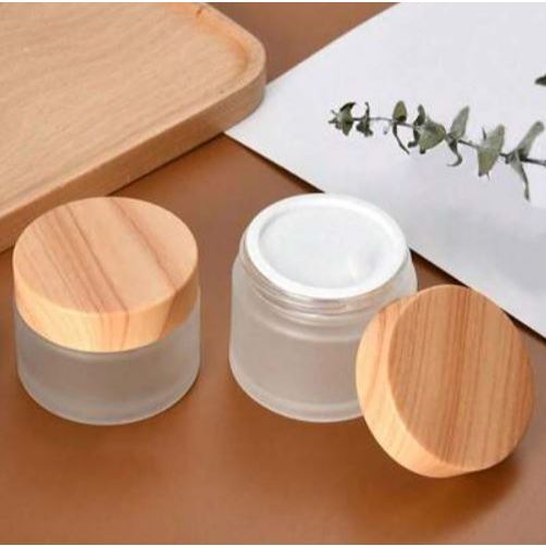 Wadah 50gr Jar Pot Botol Skincare Kaca Frosted Glass Tutup Motif Kayu