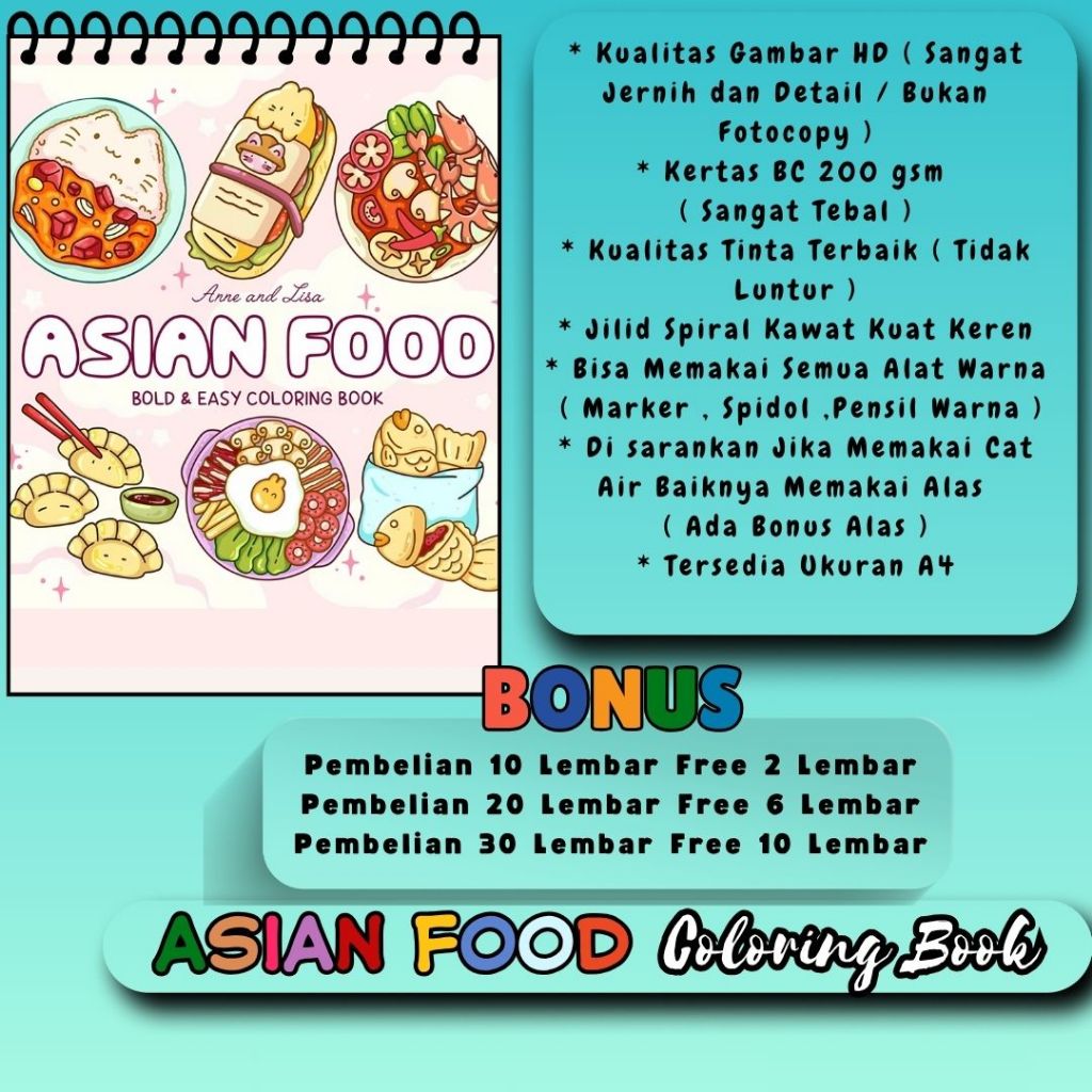

Buku Mewarnai Tema Asian Food Bold And Easy Coloring Book Kertas Premium Tebal 200 gsm Gambar HD Jernih Super Cute Jilid Spiral Kawat