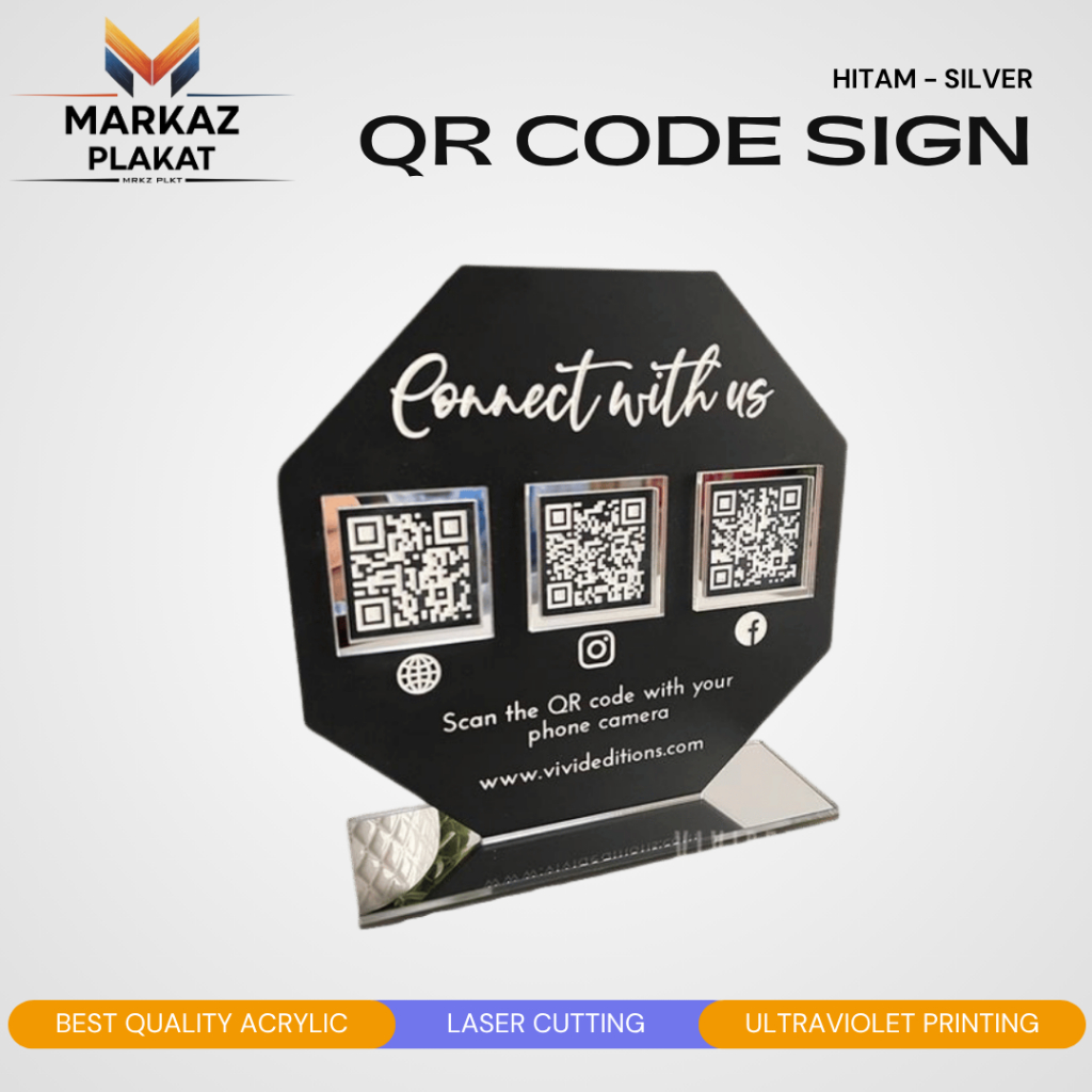 Akrilik QR Code Sign Hitam - SIVER/Social Media Business Sign Acrylic /QR Code Sign Akrilik Premium