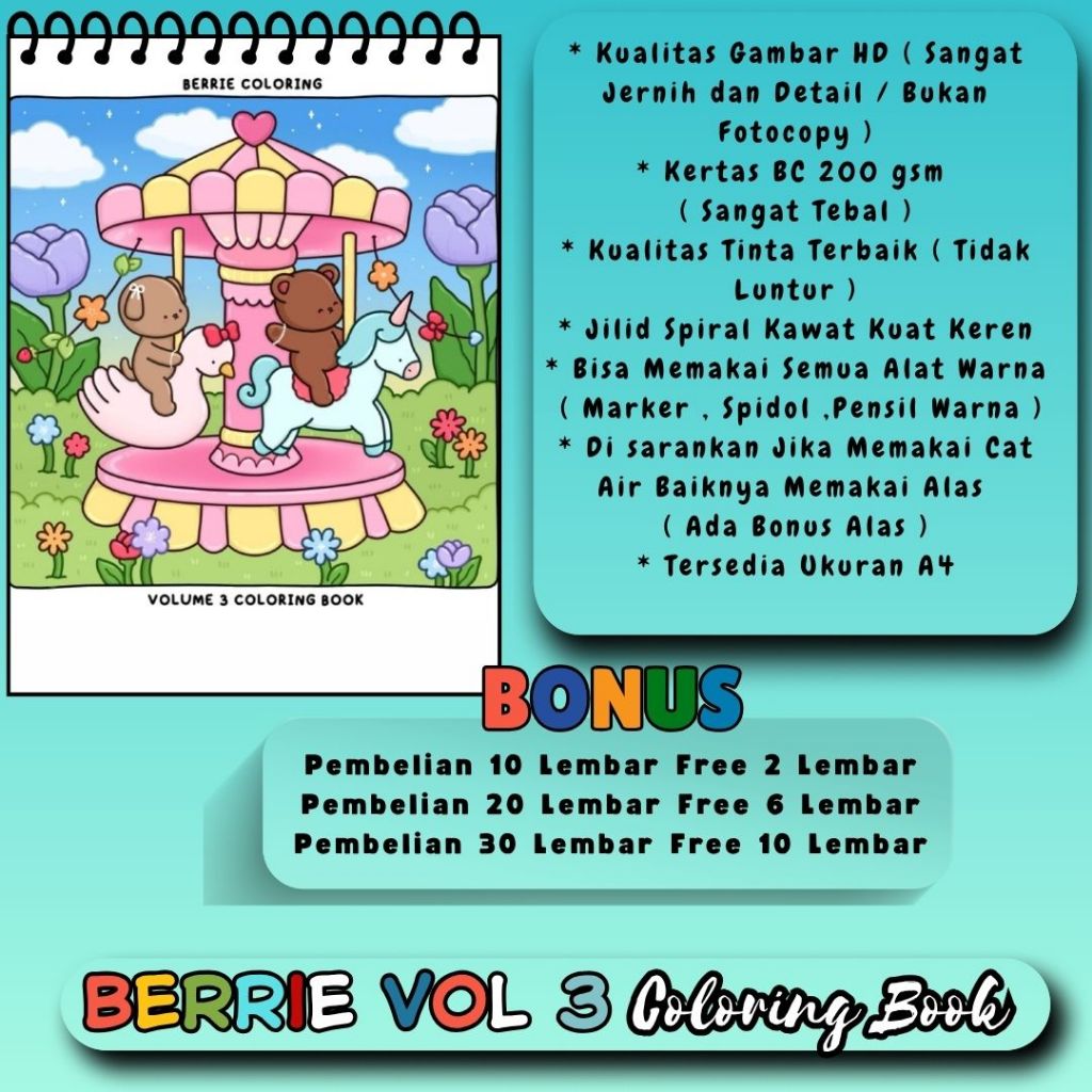 

BERRIE VOL 3 Coloring Book Buku Mewarnai Premium Kertas Tebal 200 gsm Gambar HD Jernih Tema Keren Bagus