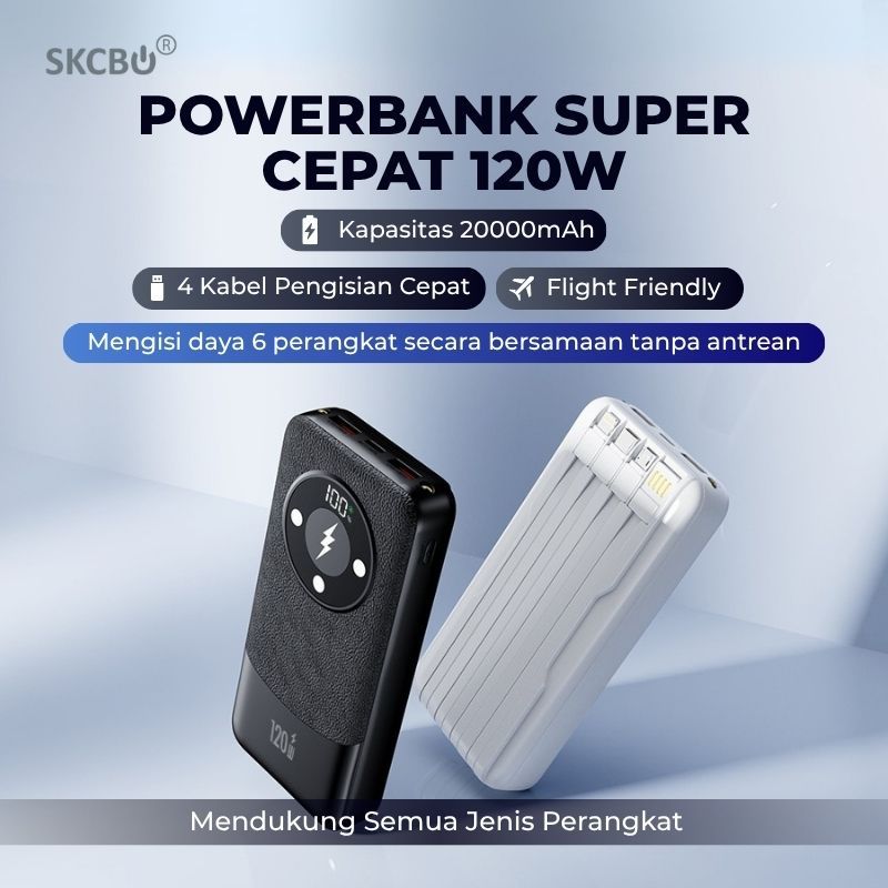 SKCBO 120W PowerBank Fast Charging Power Bank 20000mAh Multi Port Built in Cable PD Quick Charge LED