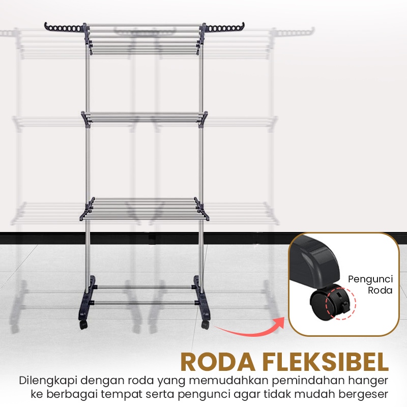 Sinarterang3 Jemuran Baju Lipat 4 Susun Stainless + Roda Stand Hanger Kapasitas Besar Anti Karat -