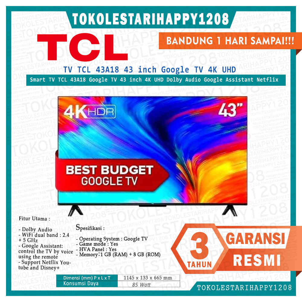 TV TCL 43A18 Led Tv 43 inch Bezelless Smart Google 4K UHD Tv GARANSI RESMI