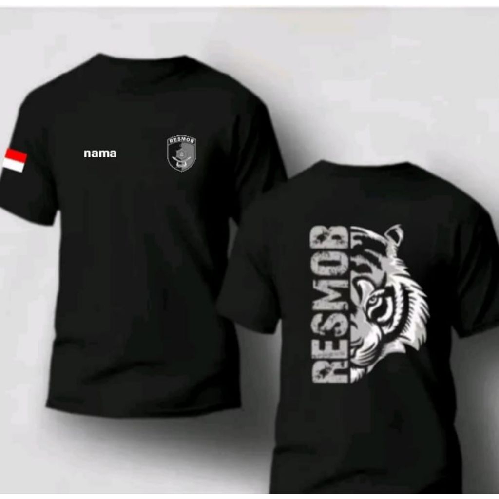 Kaos Distro RESMOB Desian Harimau Putih Free Nama Kaos T-shirt Hitam Unisex