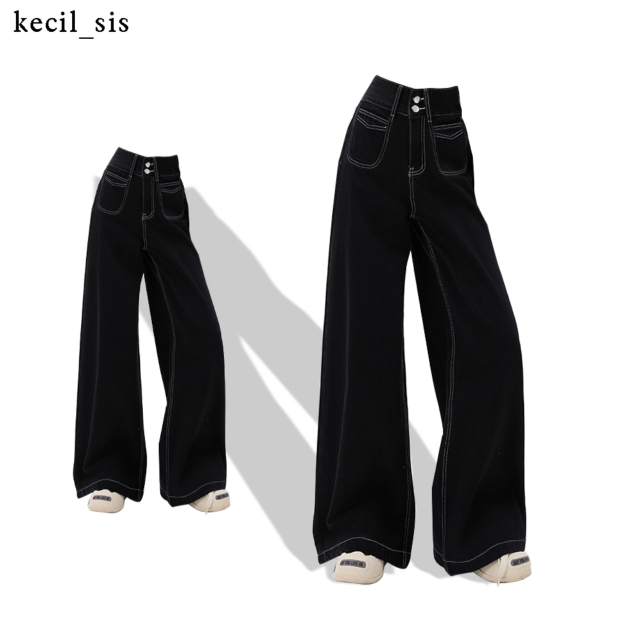 Highwaist Hitam Jeans Wanita Celana Kulot Denim Celana Panjang Wanita Celana Baggy Jeans OOTD