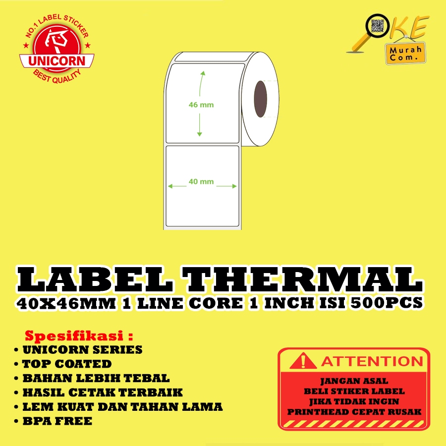 

Stiker Label Barcode Thermal 40x46mm / 40x46 mm / 40 X 46 mm 1 Line Core 1 Inch isi 500pcs