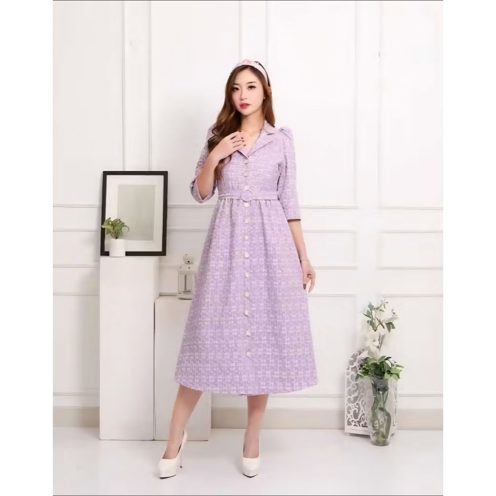 Dress Wanita Motif Bunga Formal Kondangan Lilac