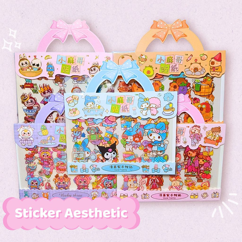 

Labubu Sticker Aesthetic 2D Stiker Lucu Murah Pack 3 Lembar Premium Kuromi Sanrio Melody Waterproof
