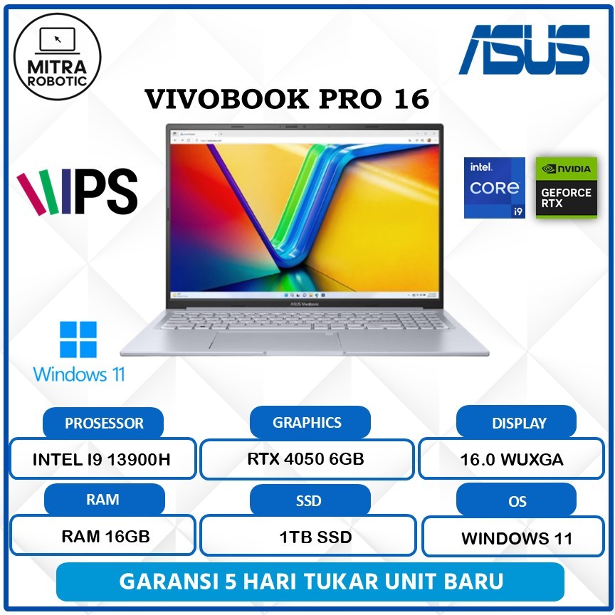 Laptop Asus Vivobook Pro 16 RTX 4050 6GB Intel I9 13900H 16GB 1TB WXUGA Win 11