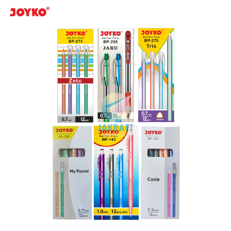 

(12 Pcs) Pulpen Bolpen Pen Murah JOYKO Klik BP-142 / BP-255 Jaku | Tutup BP-273 Zeto / BP-275 Tris / BP-335 Cozie / BP-336 My Pastel Hitam Black Ballpoint Warna Warni Mix Tebal