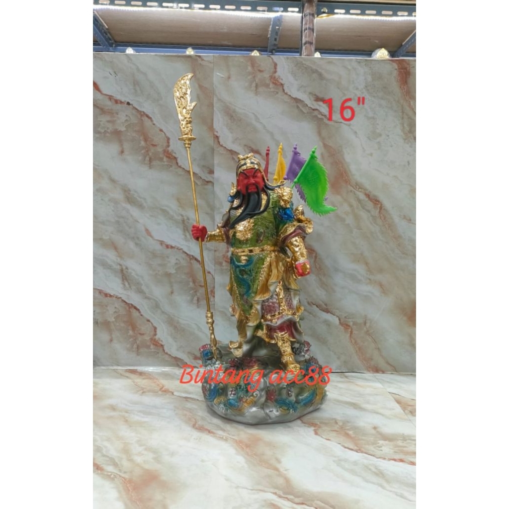 patung dewa kwan kung/ kwan kong / guan yu - 5bendera - fiber - 16inch