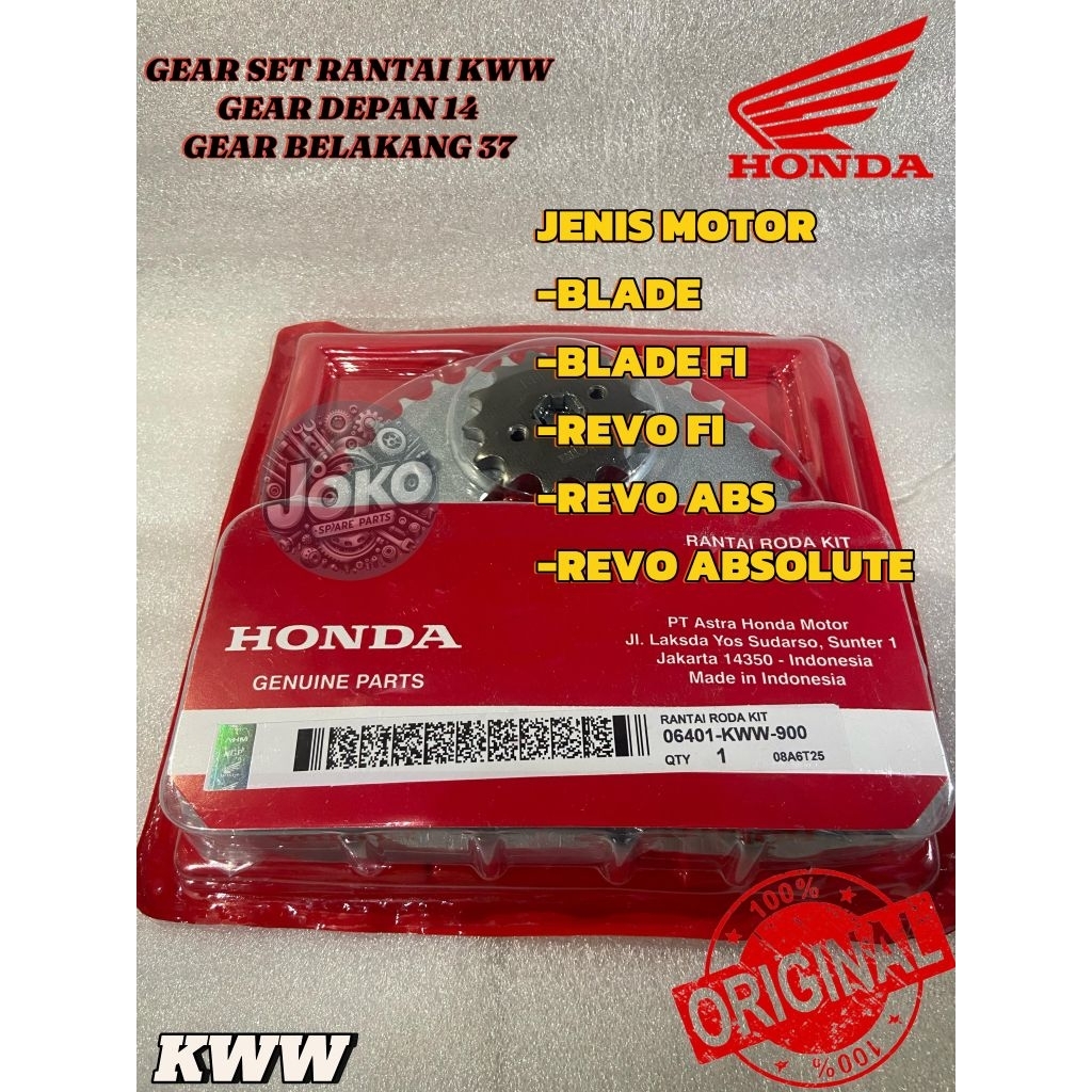 GEAR SET RANTAI ORIGINAL HONDA REVO 110, REVO ABSOLITE, REVO FI, BALDE FI, HONDA BLADE KODE KWW/KWB 