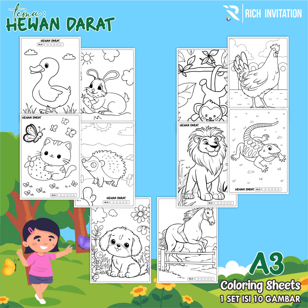 

(A3) KERTAS MEWARNAI ANAK - KERTAS COLORING ANAK PAUD TK - TEMA HEWAN