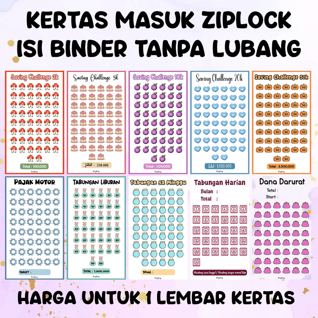 

KERTAS MASUK ZIPLOCK Isi Binder A6 Saving Challenge Menabung