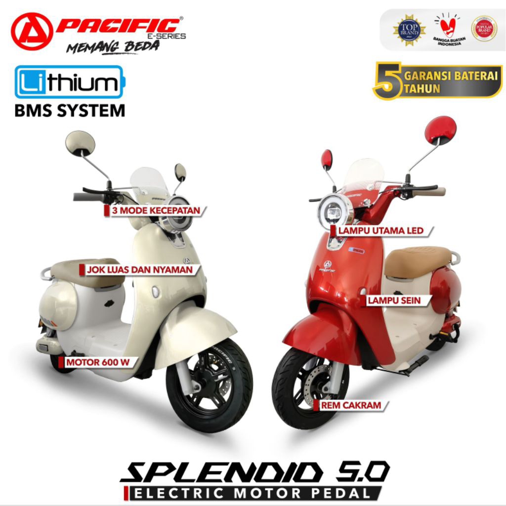 SEPEDA MOTOR PACIFIC SPLENDID 5.0 BATERAI LITHIUM GARANSI 5 TAHUN