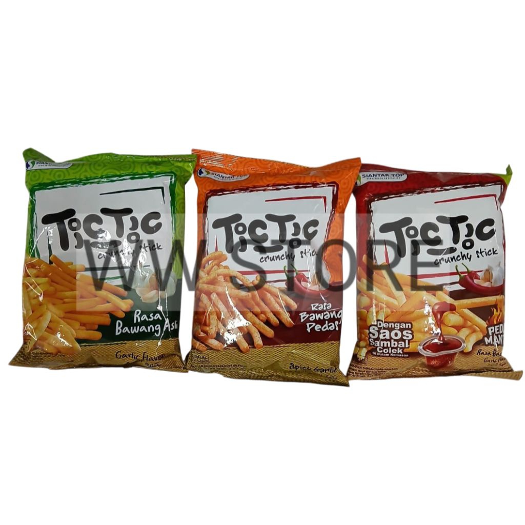 

Cemilan snek makanan ringan stik renyah rasa bawang asli pedas mantap ( dengan saus saos sambal colek ) halal MUI SIANTAR TOP TicTic Tic Tic Spicy Garlic Flavor Flavour Crunchy Stick 65g 70g