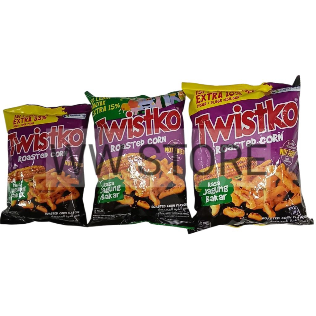 

Cemilan snek makanan ringan ekstrudat rasa jagung bakar halal MUI SIANTAR TOP Twistko ROASTED CORN FLAVOUR flavor 30g 70g 145g