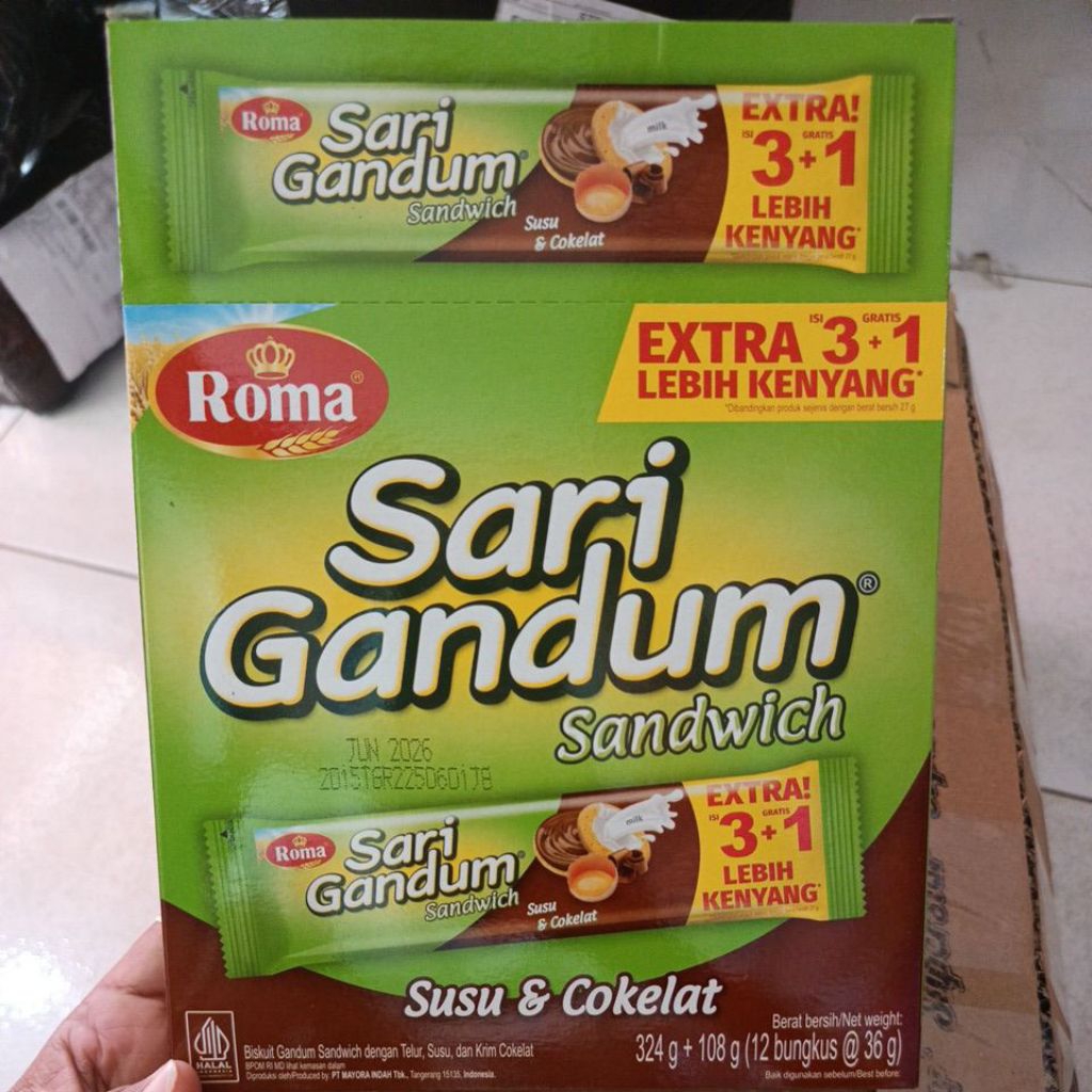 

( 1 BOX / 12 PCS ) ROMA SARI GANDUM COKLAT EKSTRA 3+1 36g