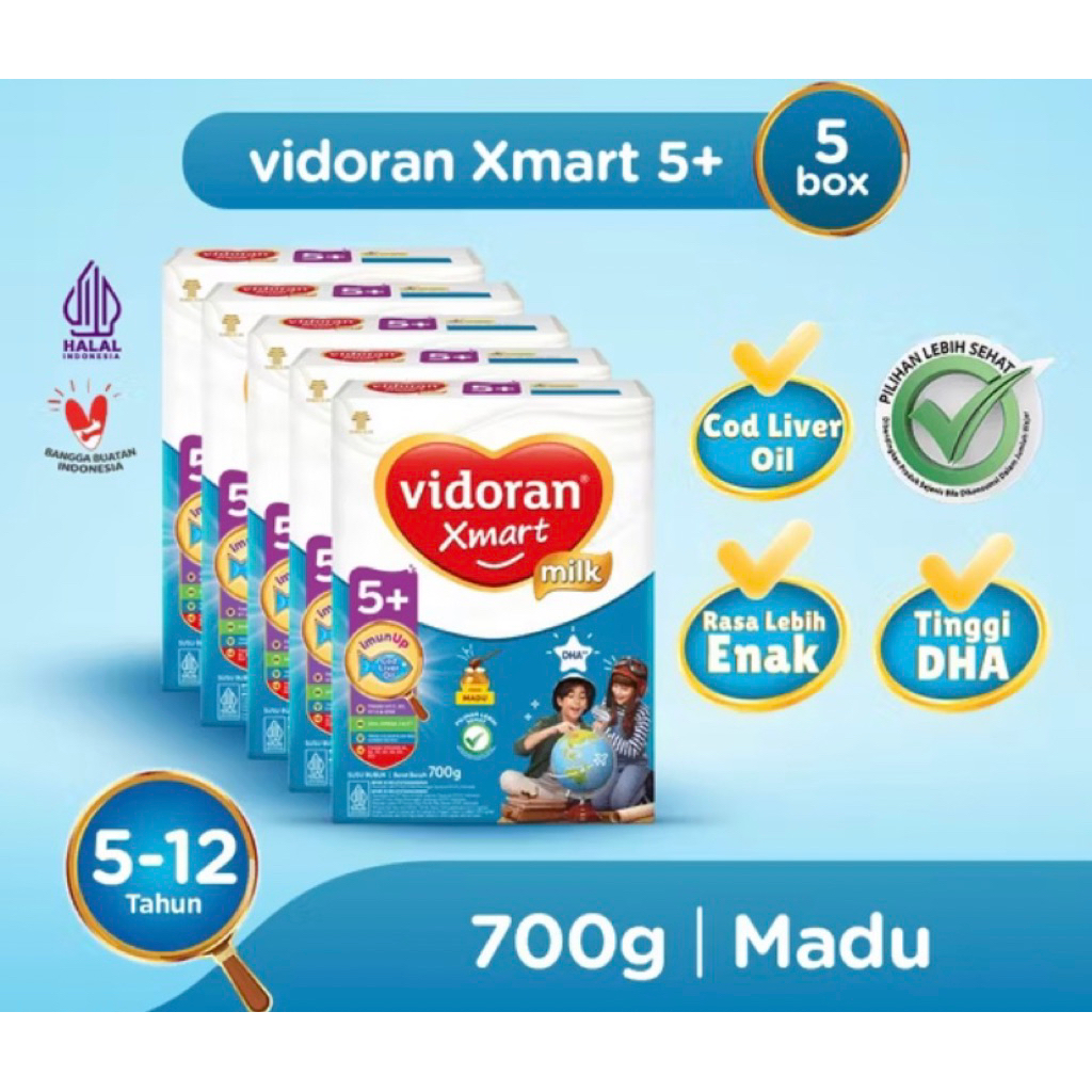 

vidoran Xmart 5+ Madu 700gr Susu Formula Pertumbuhan Anak 5-12 Tahun - 5 box - Exp : 10.2026