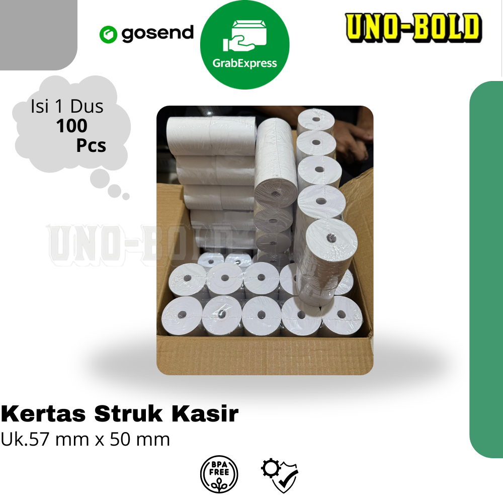 

KERTAS STRUK THERMAL PAPER ROLL 57x50 (1 Dus isi 100 Roll )TERMAL EDC THERMAL PRINTER MINI BLUETOOTH 57MM CORELESS