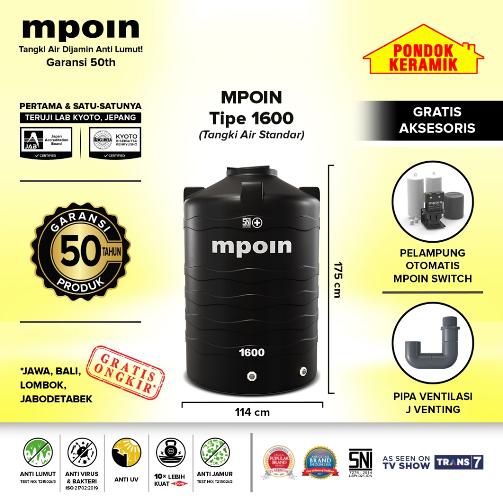 Tandon Mpoin Plus Wave 1600 L Tangki Tandon Air Toren Anti Lumut Garansi 50 Tahun