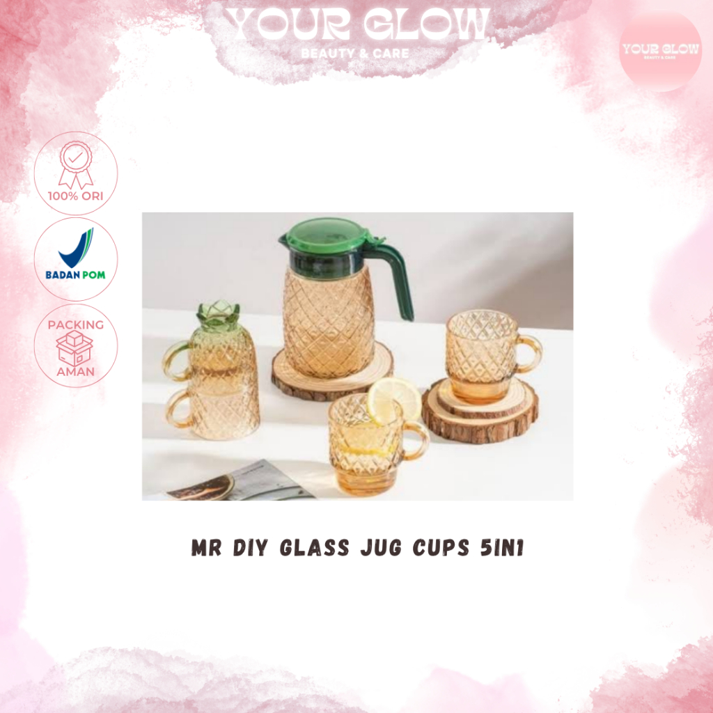 MR DIY Glass Jug Cups 5in1 | Set Gelas Cangkir Kaca Motif Nanas 1100ml 200ml 270ml Hampers Lebaran