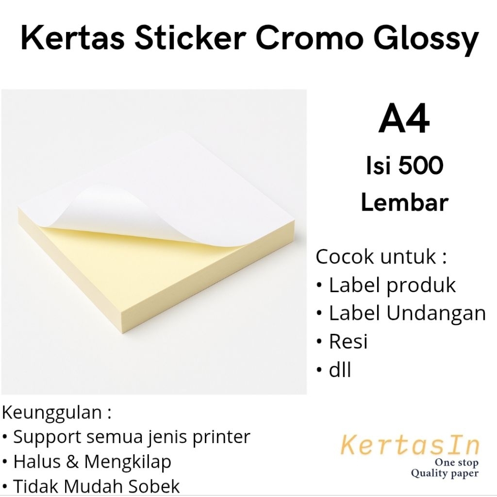 

Kertas Sticker Chromo Glossy A4 Isi 500 Lembar / 1 Rim | Sticker Label dan Undangan
