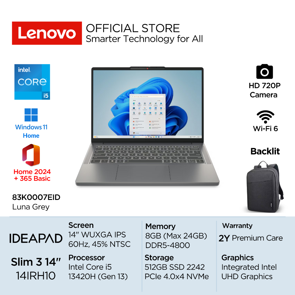 Lenovo IdeaPad Slim 3i 14IRH10 Intel Core i5 13420H Win11 8GB 512GB SSD 14" WUXGA IPS 300nits 60Hz 4