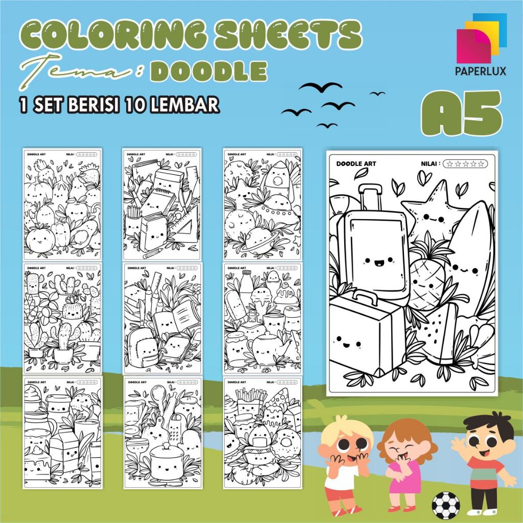 

KERTAS GAMBAR MEWARNAI TEMA DOODLE - LEMBAR COLORING SHEETS VARIASI KIDS ISI 10 LEMBAR [A5] READY