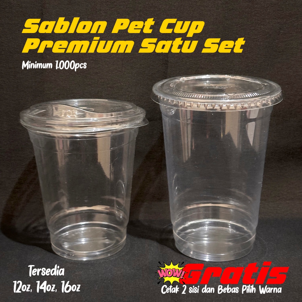 GELAS CUP PET + LID TUTUP STRAWLESS CETAK LOGO CUP  14oz 1000PCS - SABLON 1 warna