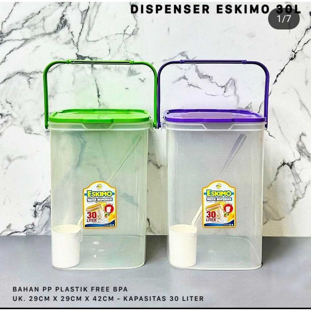 Eskimo water dispenser, ukuran 30 liter, tutup bisa dibuka sebelah, free centong