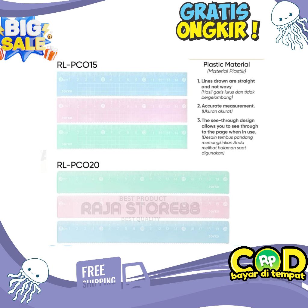 

(DAPAT 3 PCS) Ruler Penggaris Garisan JOYKO 15CM/20CM (Warna Pastel)