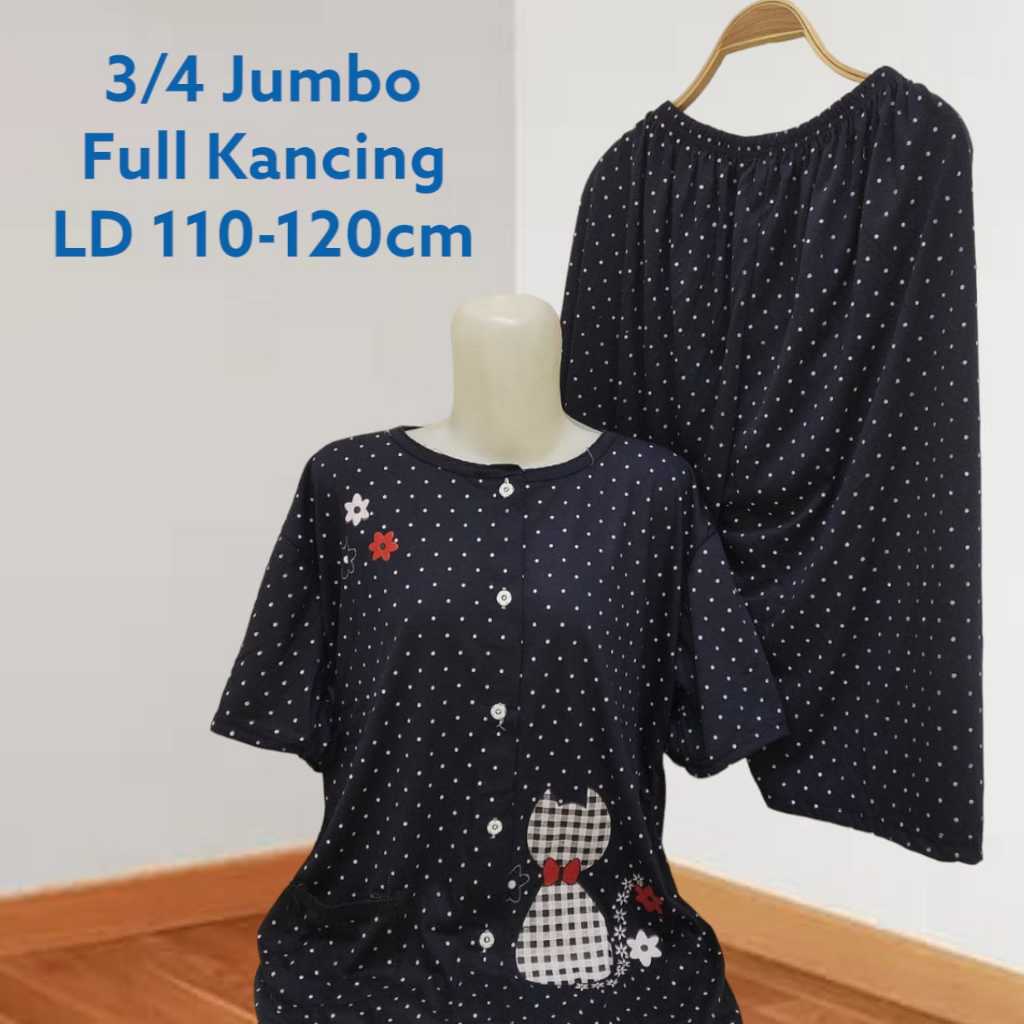 Set BabyDoll Full Kancing 3/4 Jumbo Bahan Kaos Celana Kulot Baju Tidur Wanita LD 110-120cm