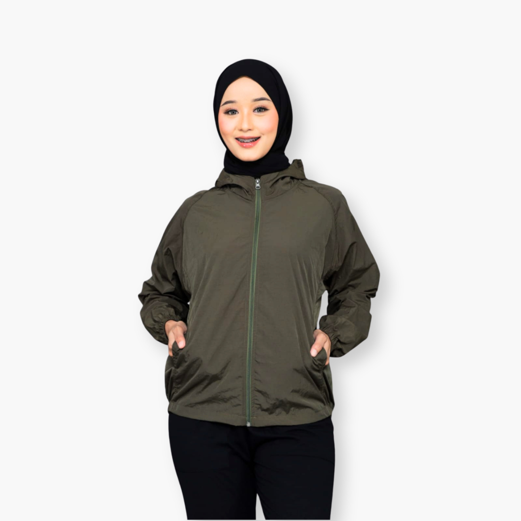 Jacket olahraga wanita polos parasut nylon crinkle warna army pastel water resistant running jogging