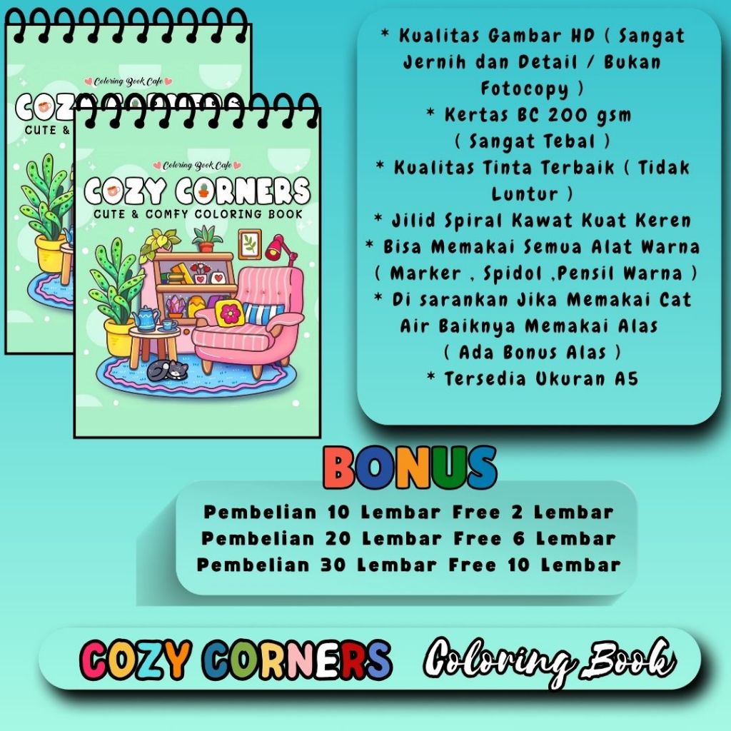 

Buku Mewarnai Tema Cozy Corners Cute And Comfy Coloring Book Gambar HD Jernih Kertas 200 gsm Tebal Premium