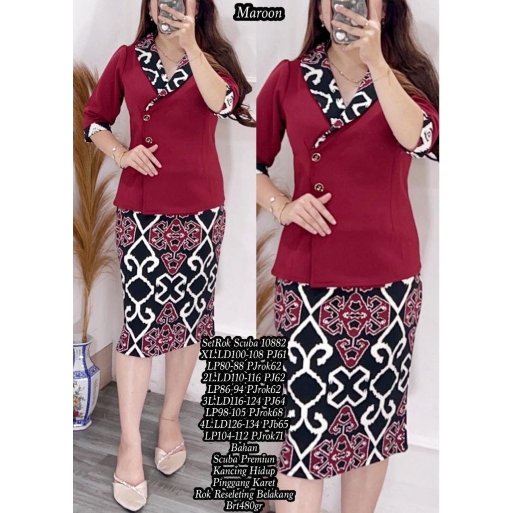 001 HIJ 4L FER 10882 SET ROK SCUBA WANITA PREMIUM / SET ROK BATIK / SETELAN GEREJA / READY / REALPIC