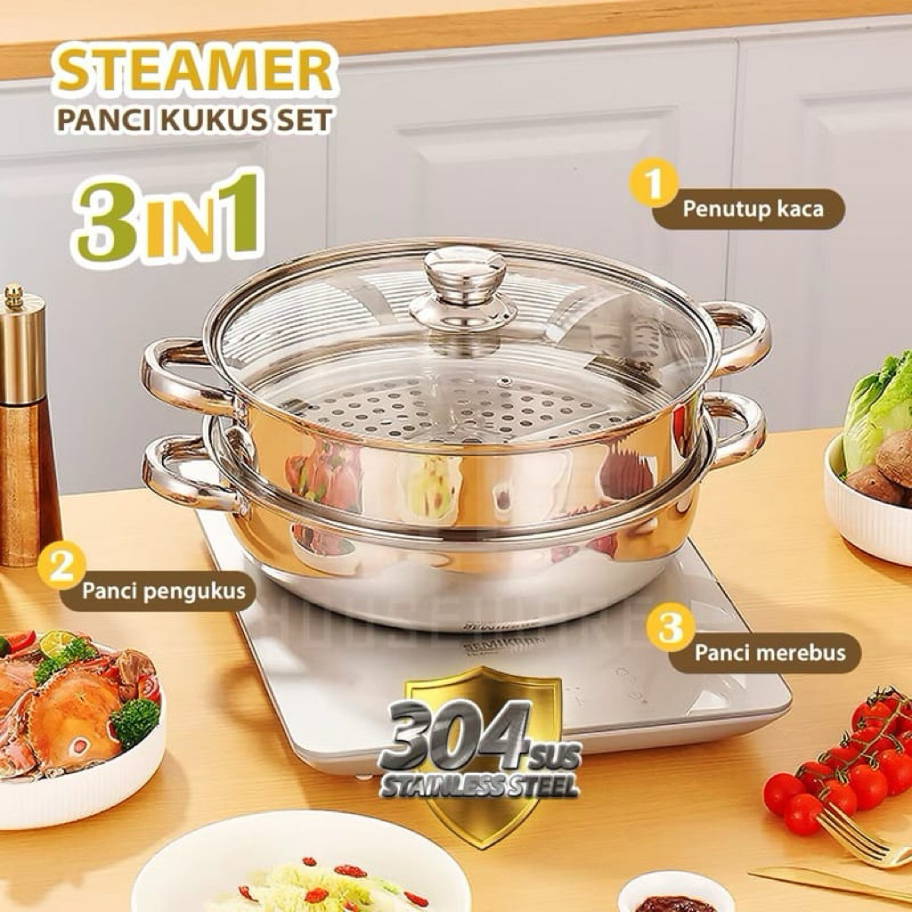 Panci Kukus Stainless BMW - Panci Steamer 2 Susun - Panci Kukus Bakpao Ikan Siomay - Panci Kukus Mur