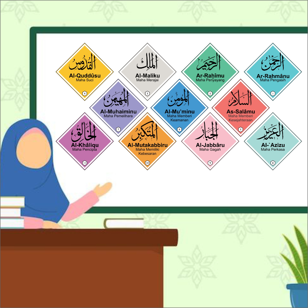 

Stiker Kartu Asmaul Husna warna warni bentuk KETUPAT hiasan kelas media belajar
