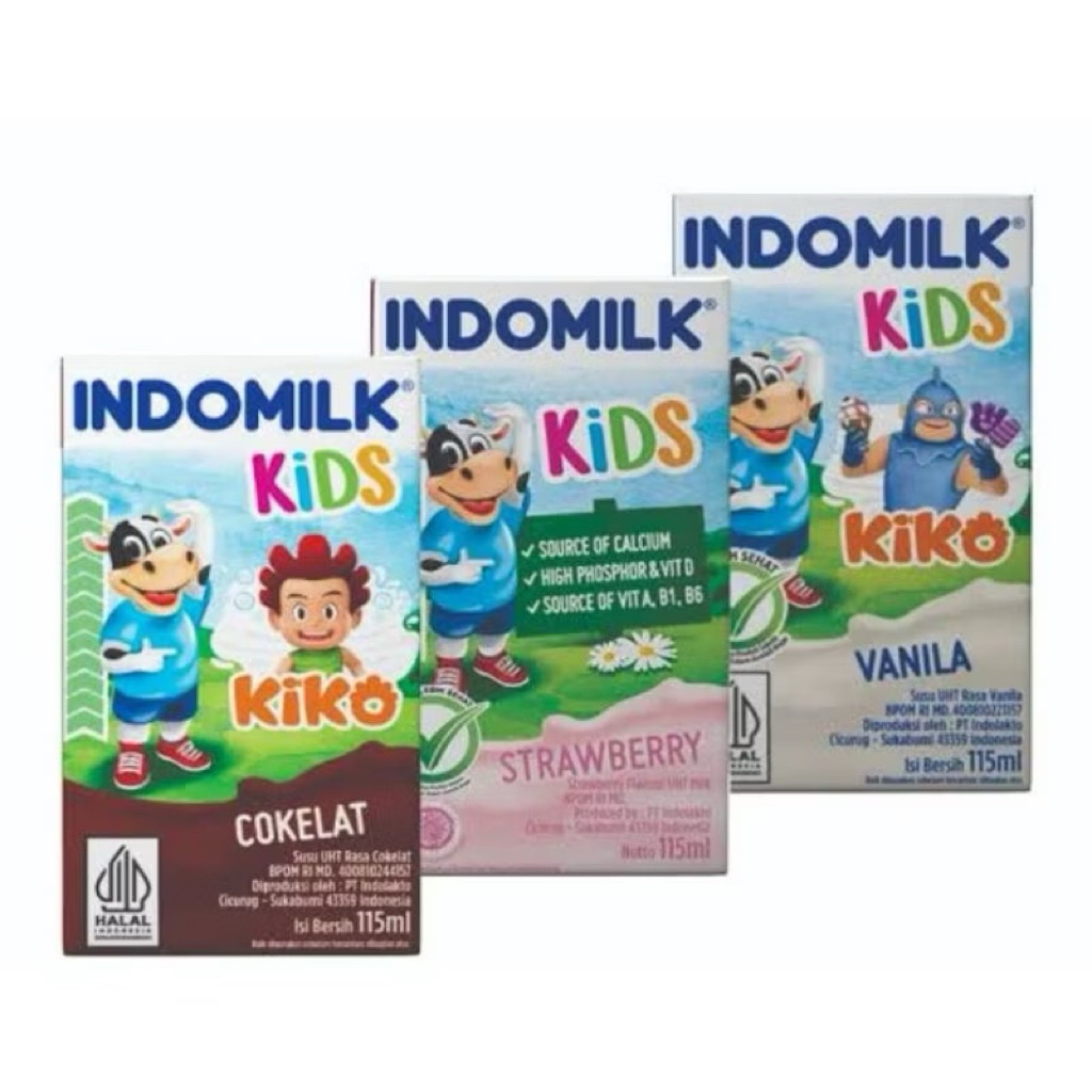 

Susu Indomilk Kids Susu UHT Rasa Cokelat Stroberi Vanila 1 dus / karton isi 40 pcs