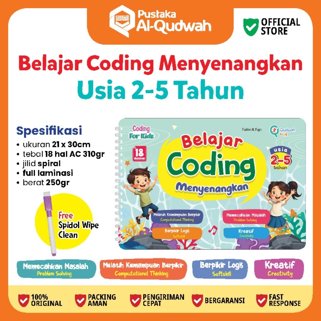 [Al Qudwah]READY coding for kids usia 2Th++ || 18 Halaman Wipe Clean || Buku Coding AnaK TK & Paud u
