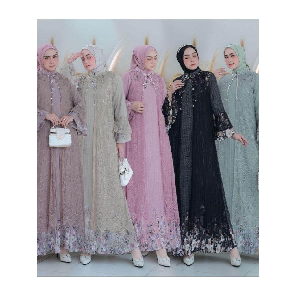 Gamis ceruty motif printing combi mutiara payet/gamis ceruty payet premium