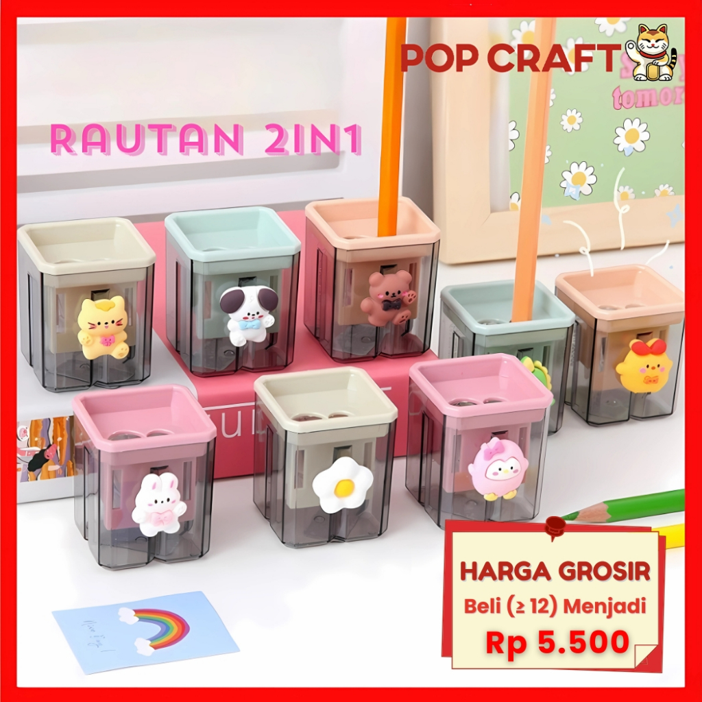 

PC Rautan Serutan Pensil Putar Sharpener 2 Lubang Karakter Rautan Dengan Penutup Rautan Tabung AT32