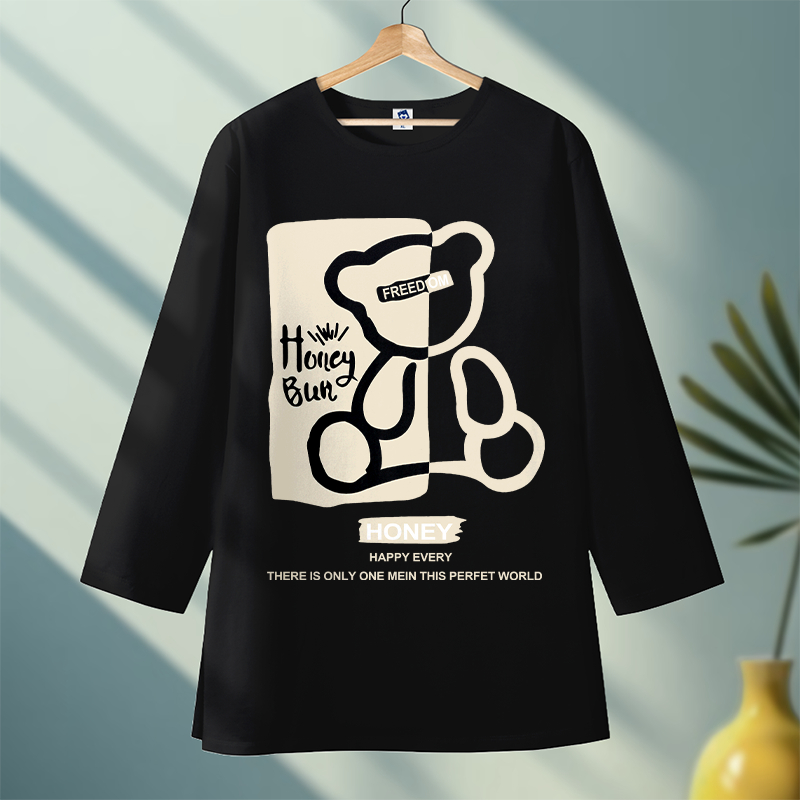 Louis STOR Kaos Wanita Oversize Lengan 7/8 Motif Honey Bun Bear Korean Style Cotton