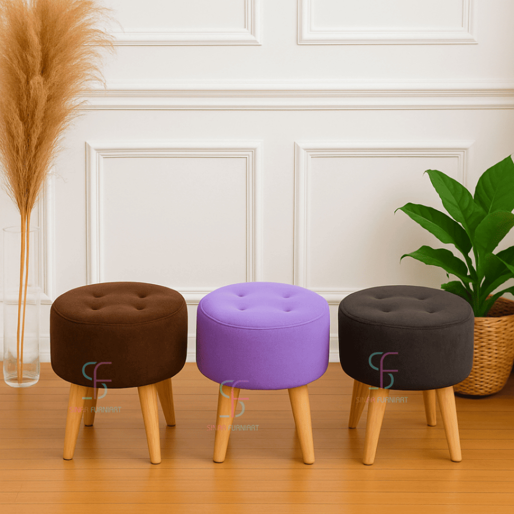 Bangku Sofa Bulat Kaki Kayu – Stool Minimalis Modern untuk Ruang Tamu Sofa Kecil Kualitas Terbaik
