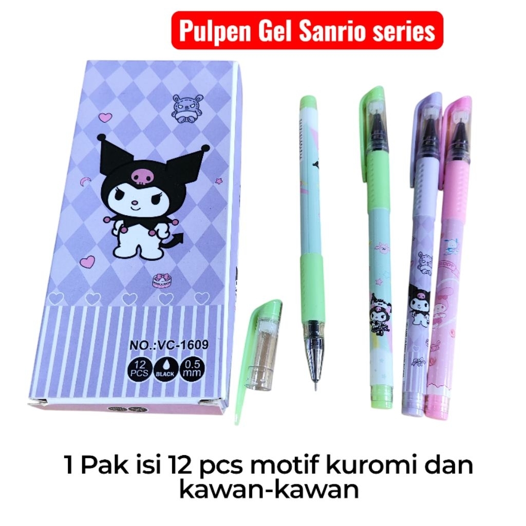 

pulpen gel 12 pcs 1 pak motif Sanrio series / pulpen gel kuromi harga grosir