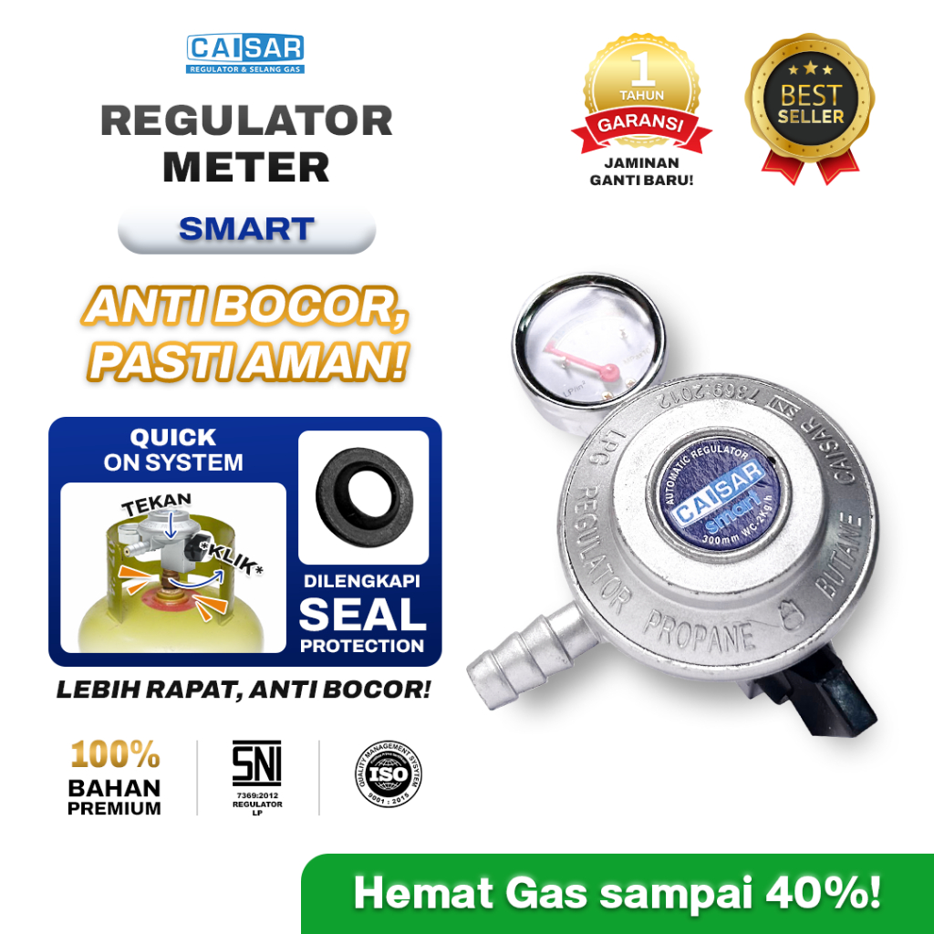 CAISAR - Regulator Kompor Gas Meter Smart Pengukur Tekanan Premium ANTI BOCOR SNI | Aman & Mudah Iri