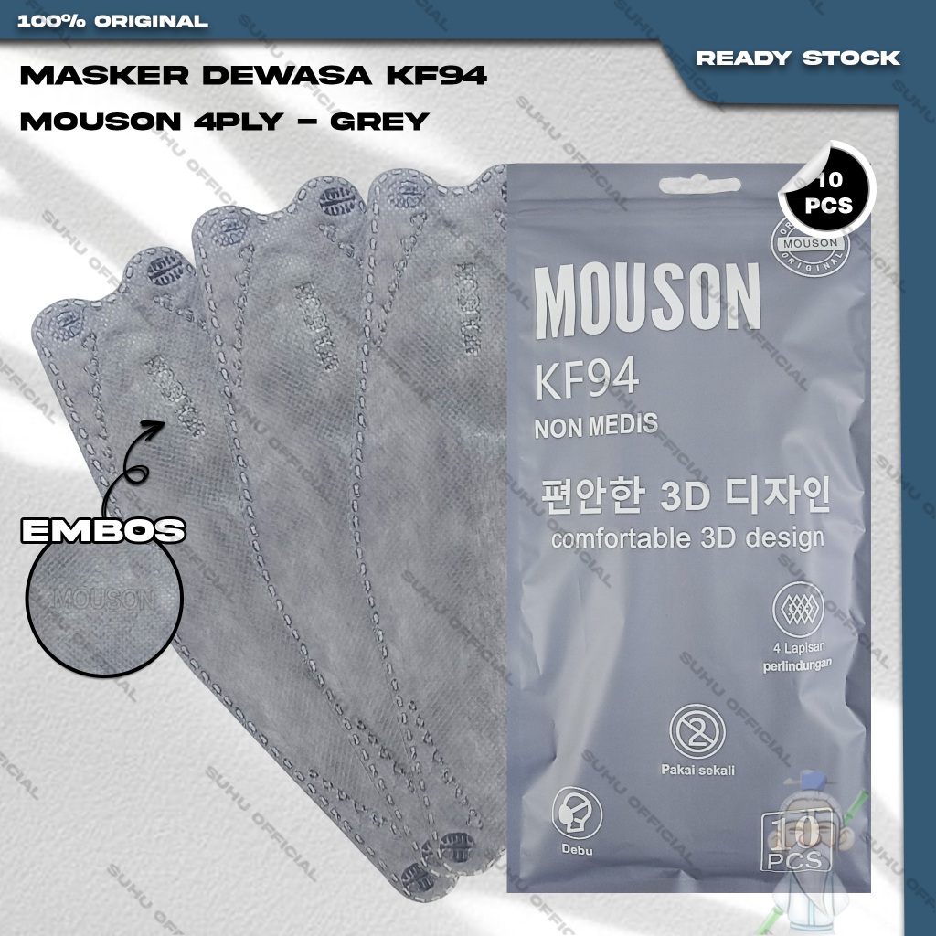 Masker KF94 MOUSON 4Ply isi 10Pcs Grey Abu Tua KF 94 4 Ply Earloop