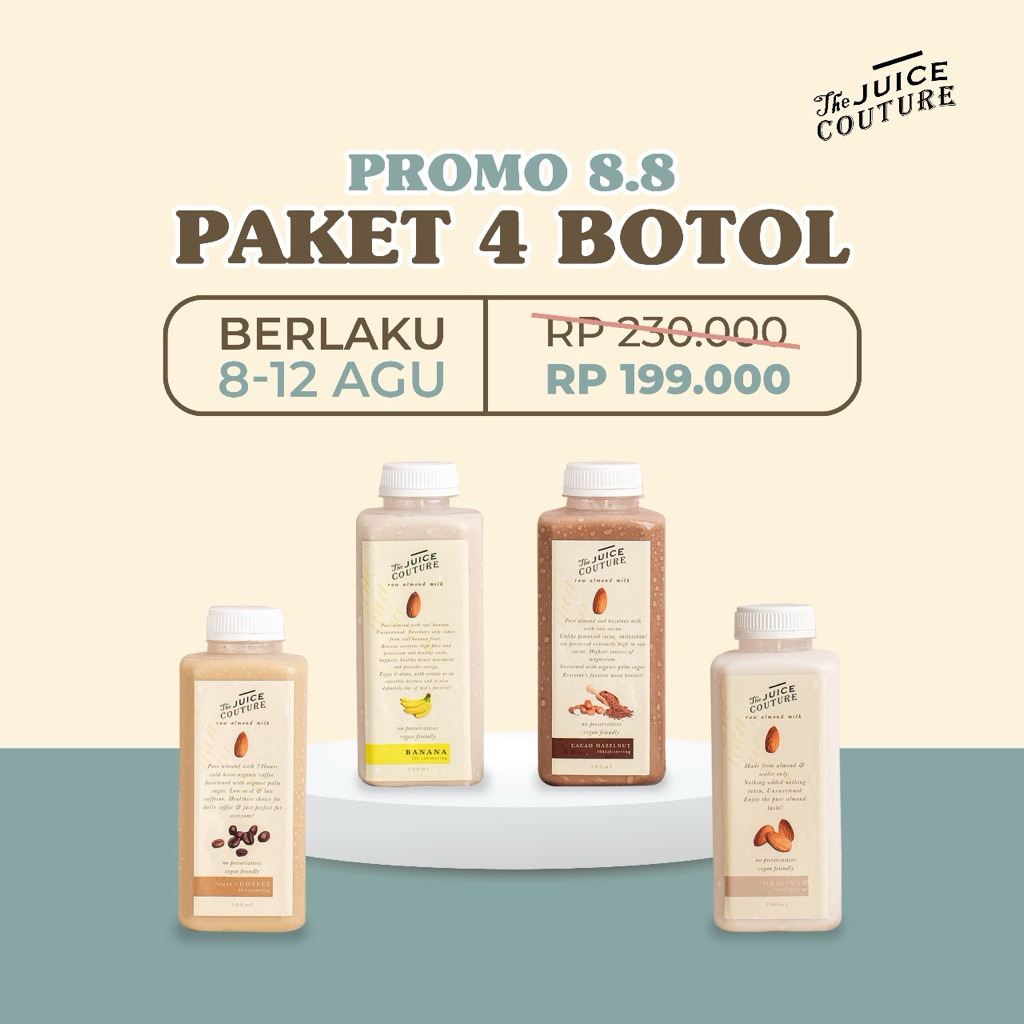 

PROMO 8.8 - 4 BOTOL ALMOND MILK (500ml)(Flavor harap tulis di notes)